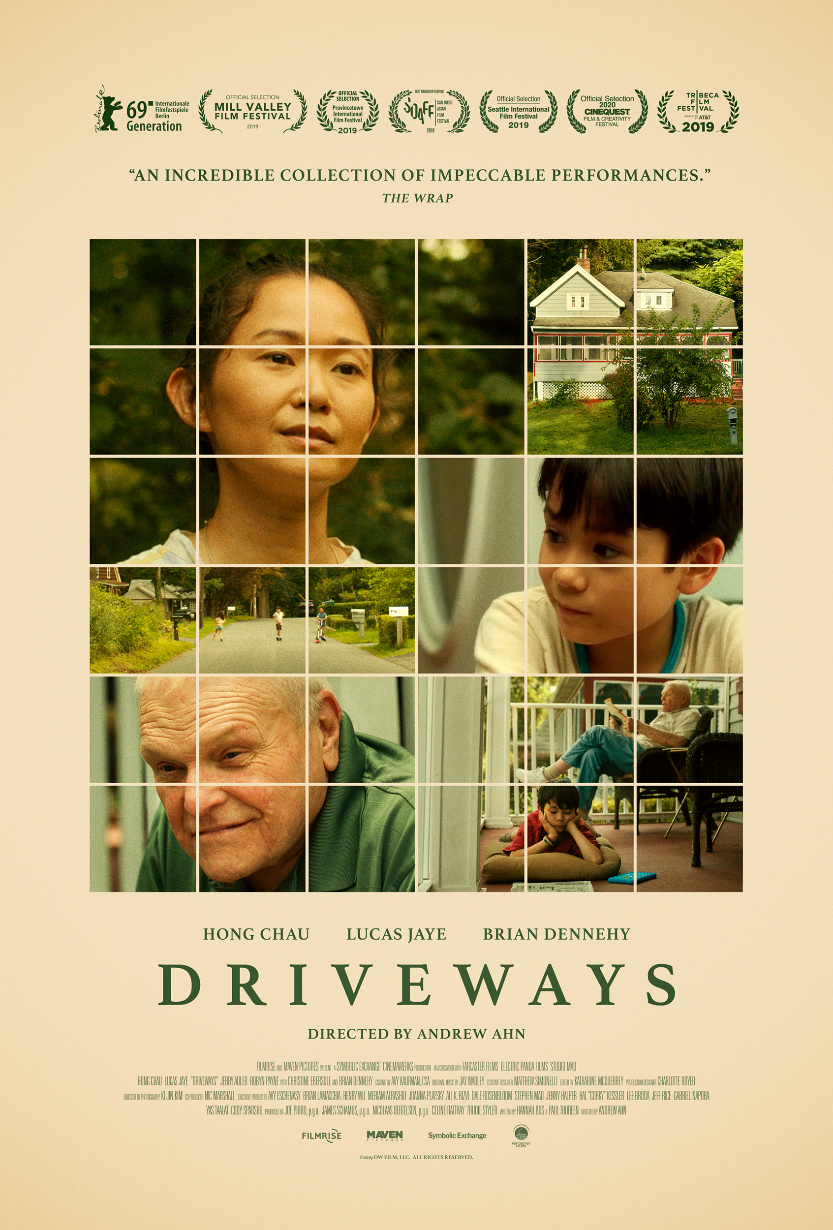 Movie poster with a warm light yellow background and a mosaic of portraits of the main characters.